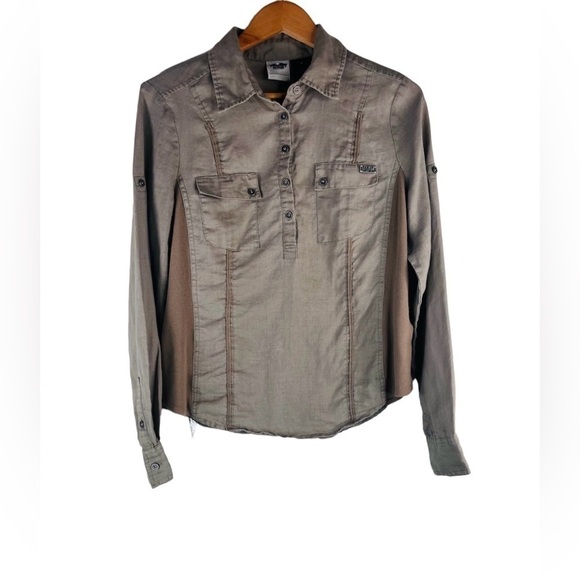 Harley Davidson Women Quarter Button Long Sleeve Shirt Ramie in Tan Size M - Picture 2 of 6